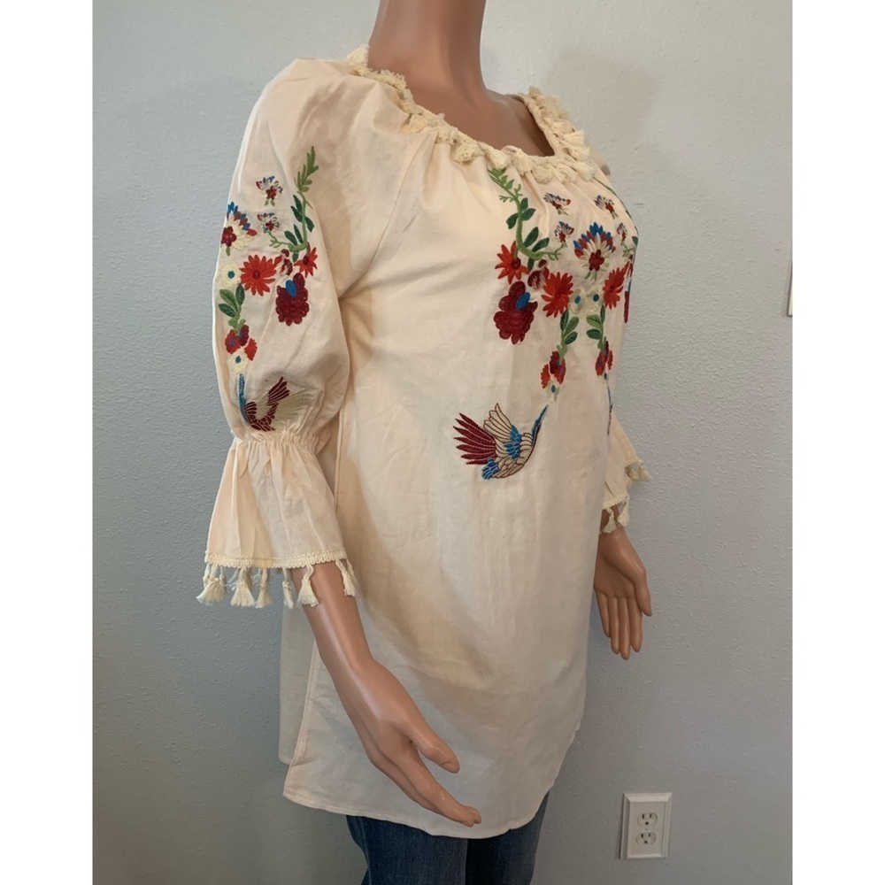 Tan Embroidered Floral, Bird Design and Ruffled, Tasseled 3/4 Sleeve Tunic - Picture 6 of 14